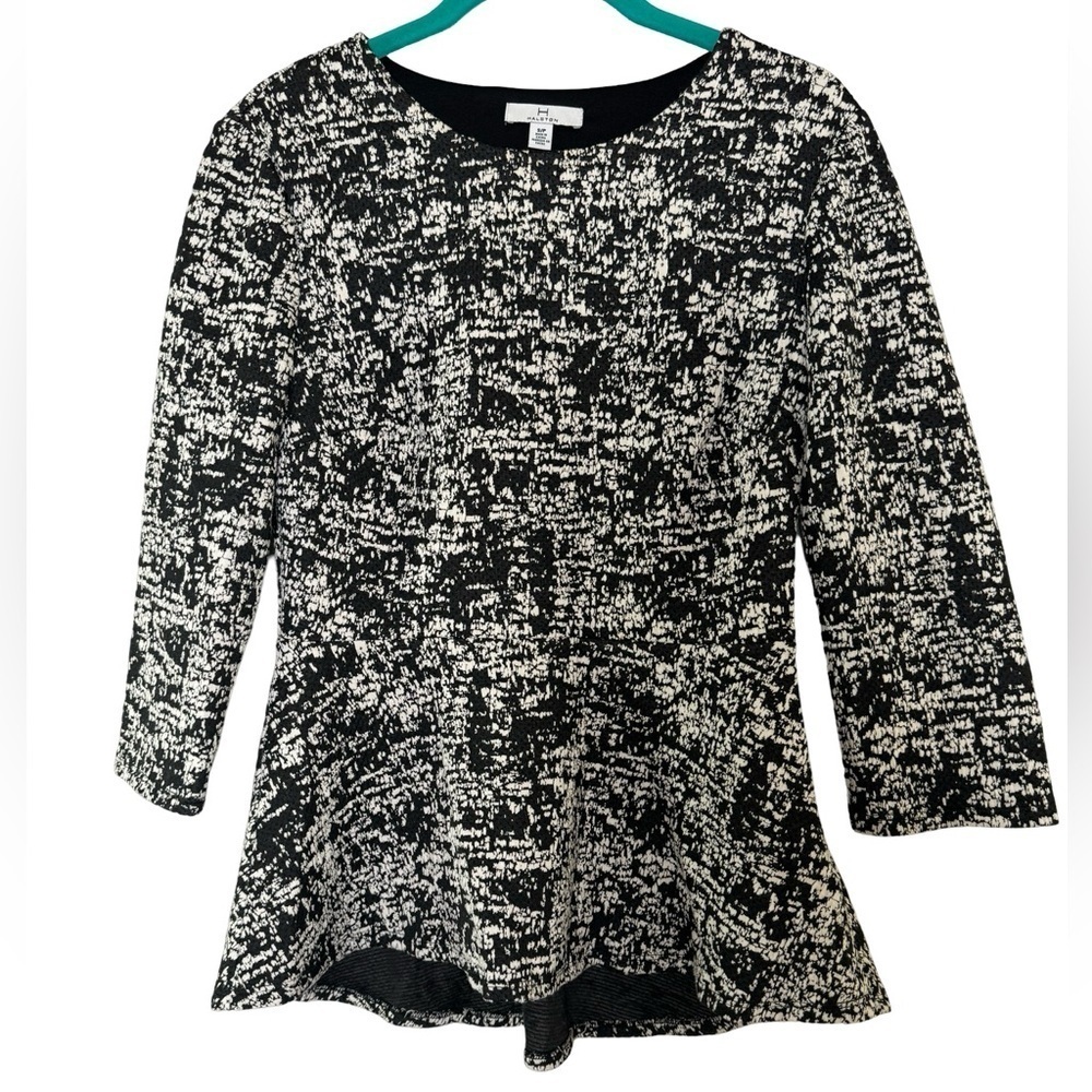 H by Halston Black and White 3/4 Sleeve Flared Ruffled Waist Blouse Size S